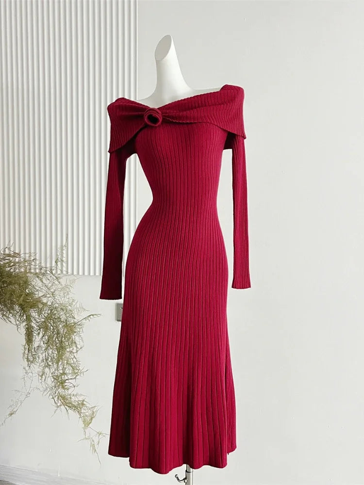 Off-shoulder Ribbed Knit Dress With Flare Hem