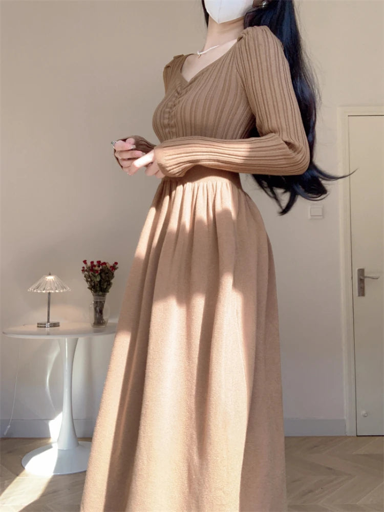 Ribbed Long Sleeve Brown Knit Midi Dress