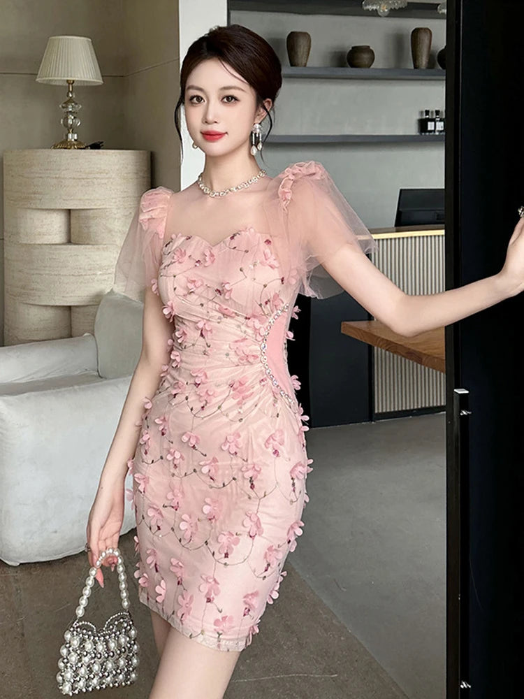 Floral Embroidered Pink Mesh Dress With Puff Sleeves on Luulla