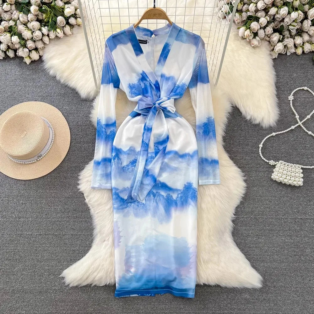 blue tie dye dress long sleeve Long Sleeve Tie Dye Maxi Dress by Nuichan