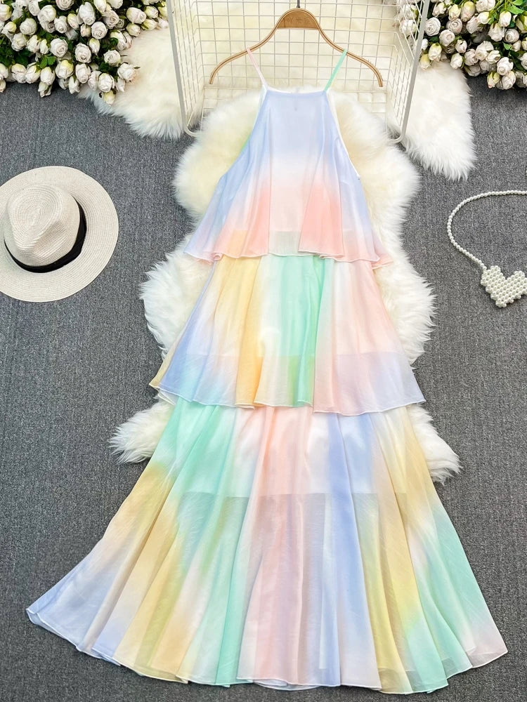 Pastel Rainbow Layered Sleeveless Maxi Dress