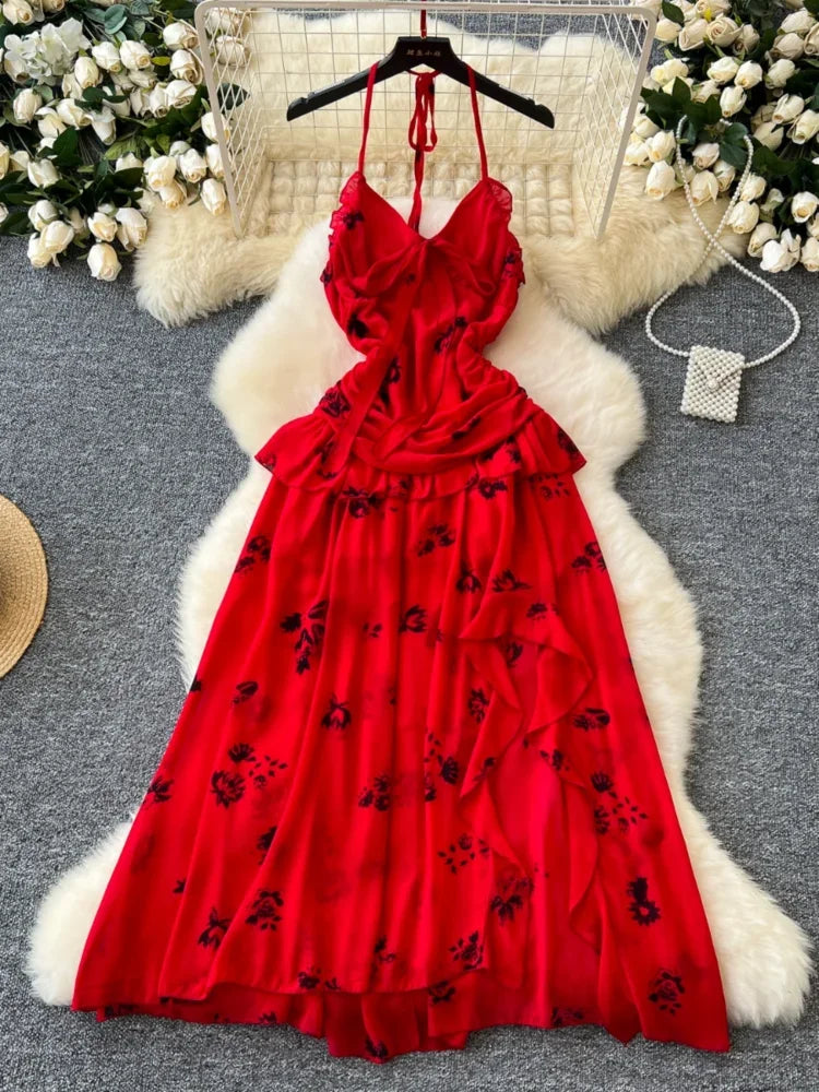 Stylish Red Flowy Dress With Floral Accents