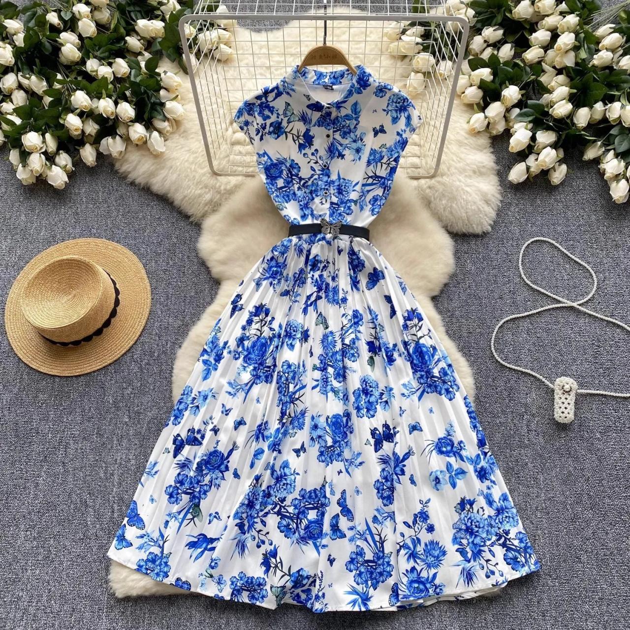 Floral Blue Midi Dress With Belted Waist