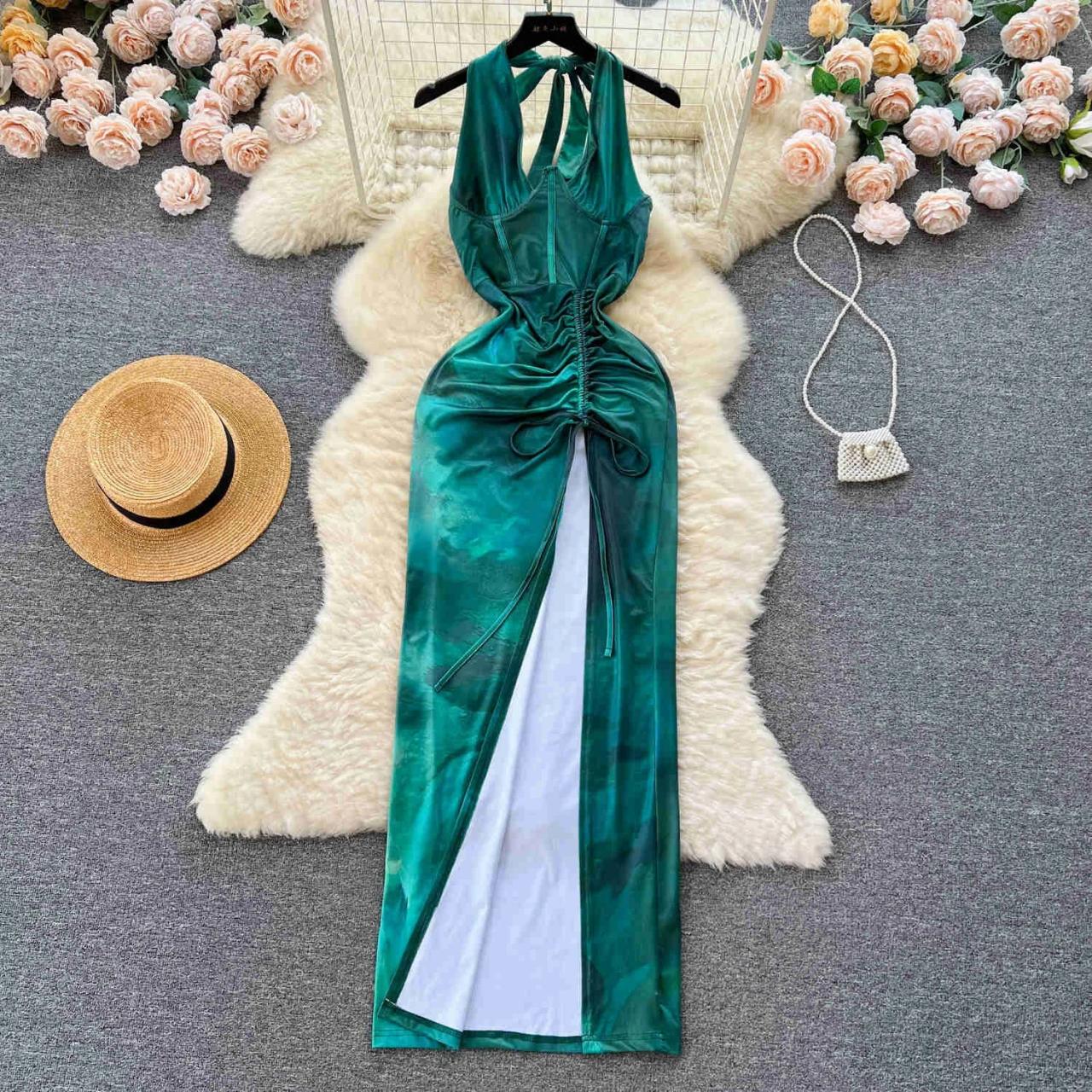 Satin Halter Maxi Dress With Ruched Slit