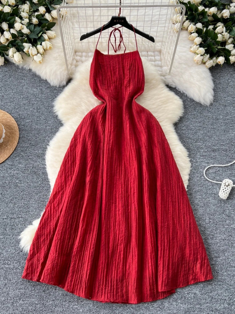 Halter Neck Red Maxi Dress With Crinkle Fabric