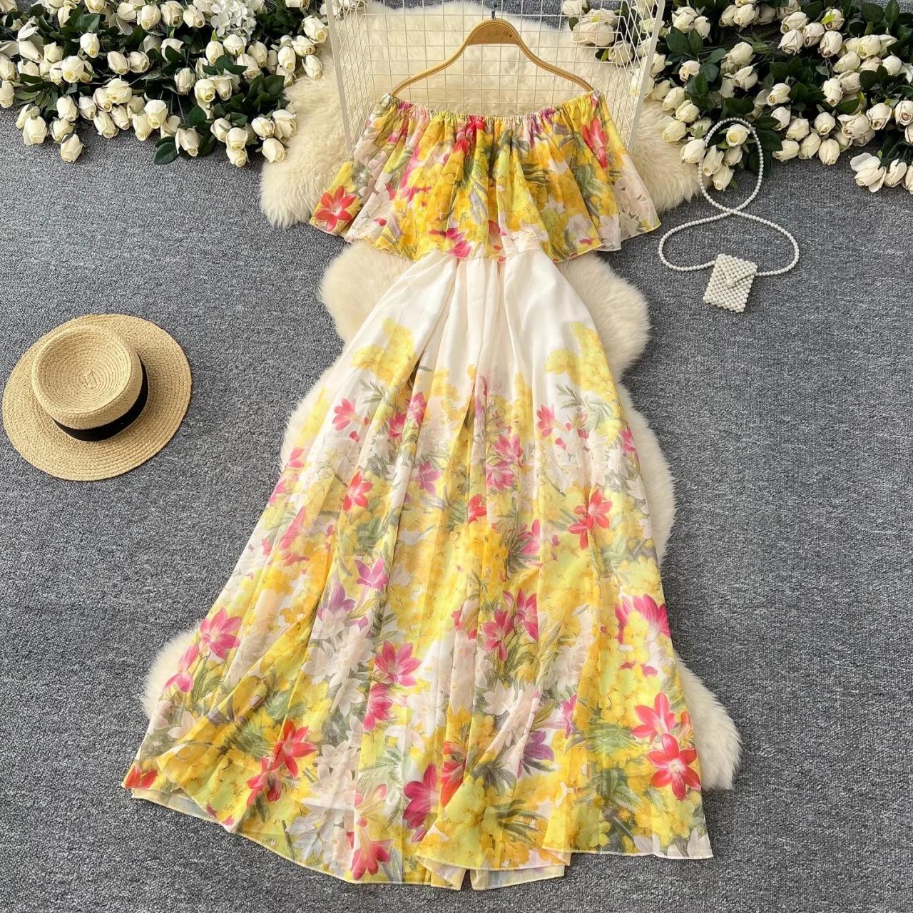 Floral Off-shoulder Maxi Dress With Ruffled Sleeves on Luulla