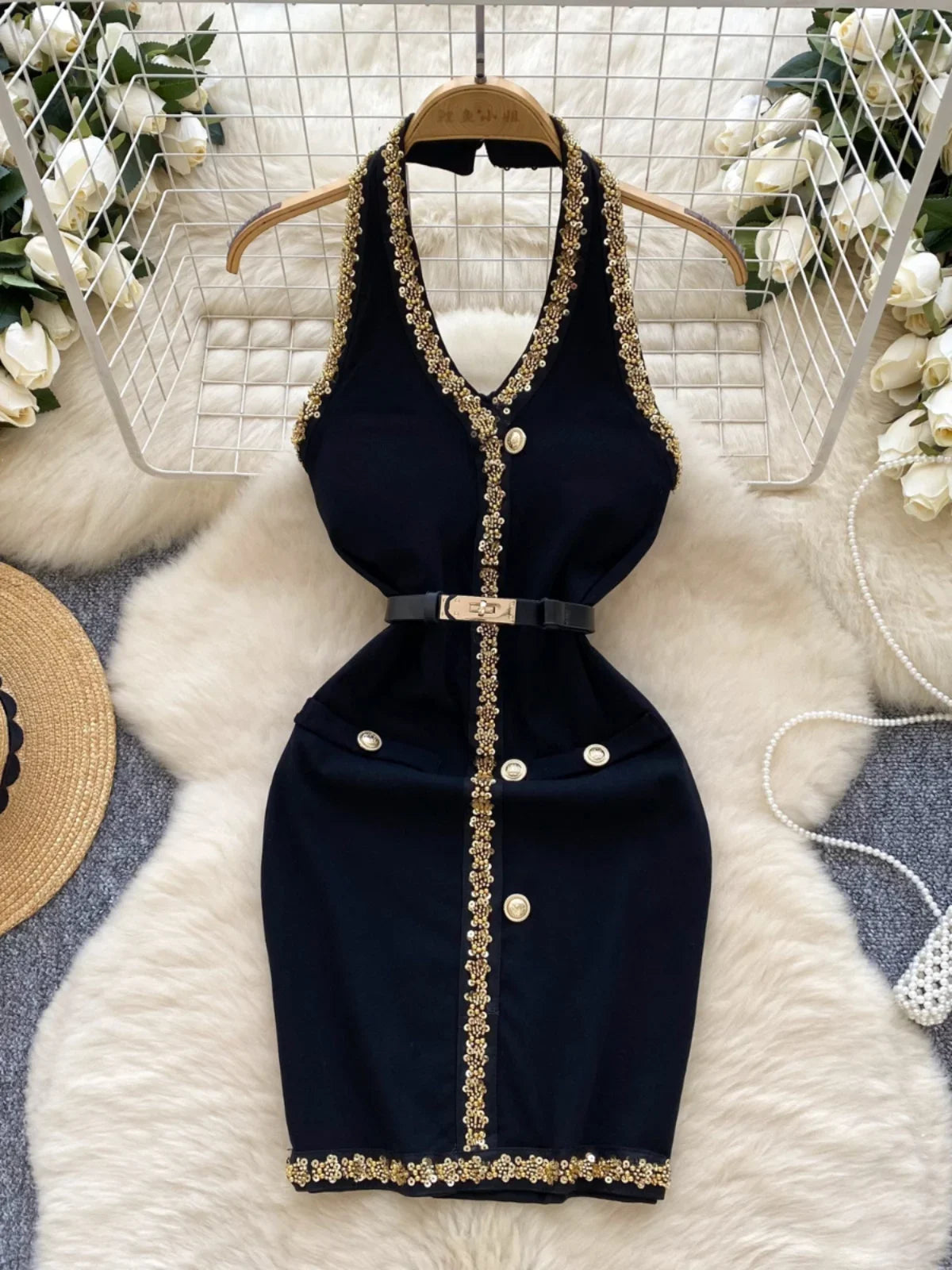 Black Sleeveless Dress With Gold Embellished Trim