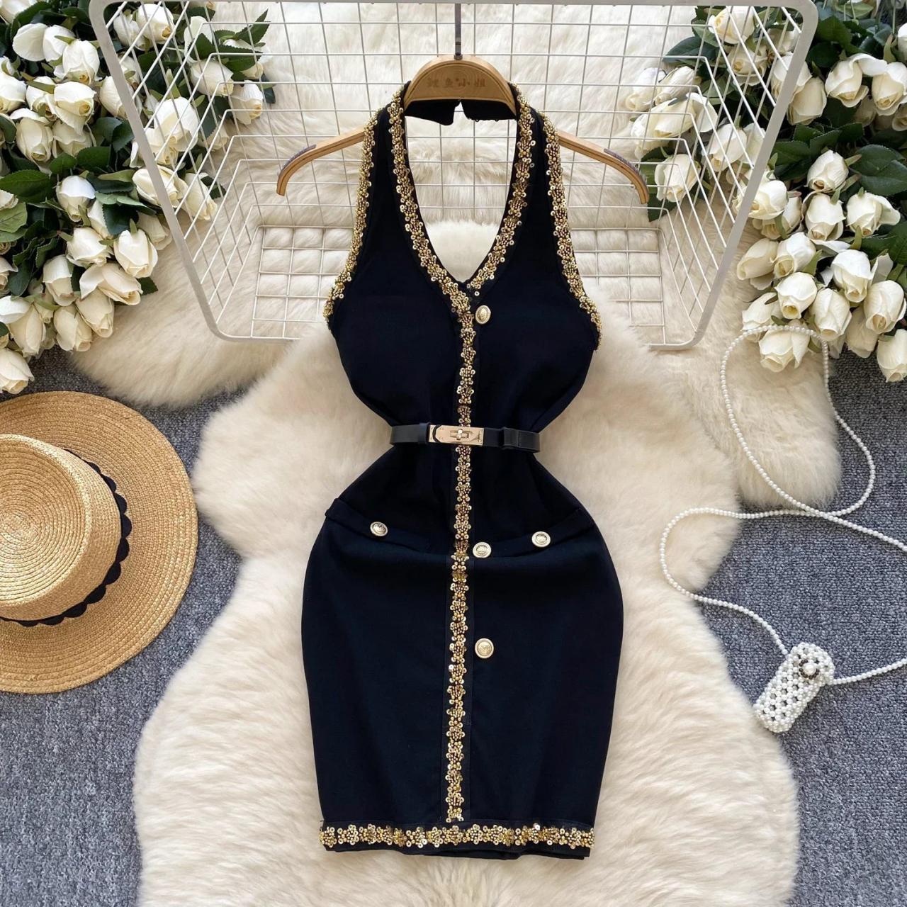 black dress gold embellishment NicoBlu Noor Long Black Tunic Dress with Gold Embellishment Petite-14 main image 1