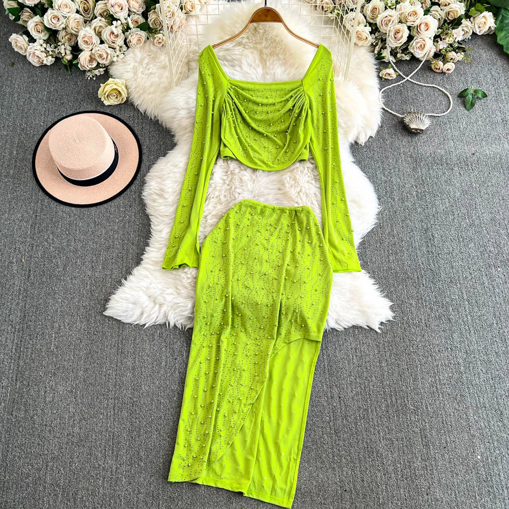 Neon Green Beaded Long Sleeve Skirt Outfit on Luulla