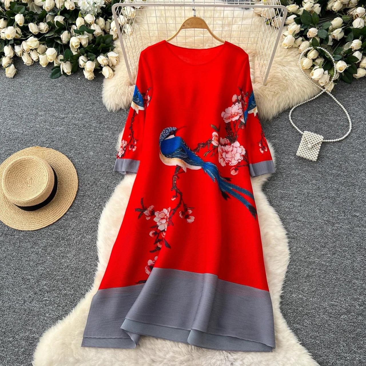Vibrant Floral Bird Patterned Red Midi Dress