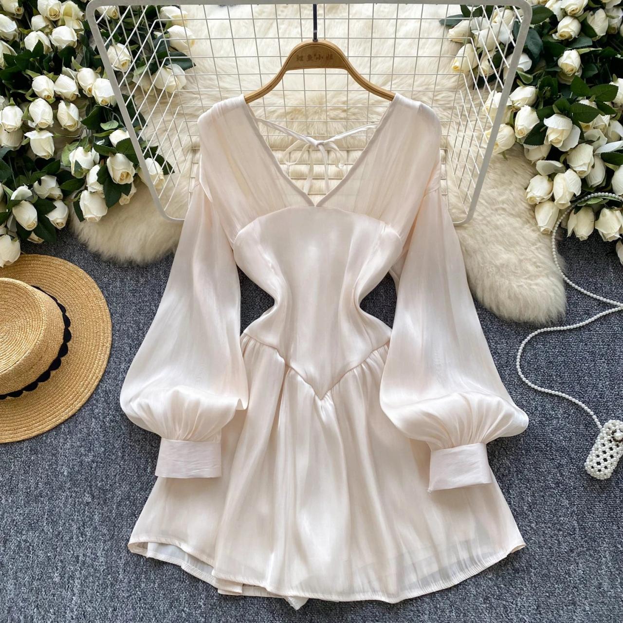 satin balloon dress Satin Balloon Sleeve V-neck Mini Dress Chic