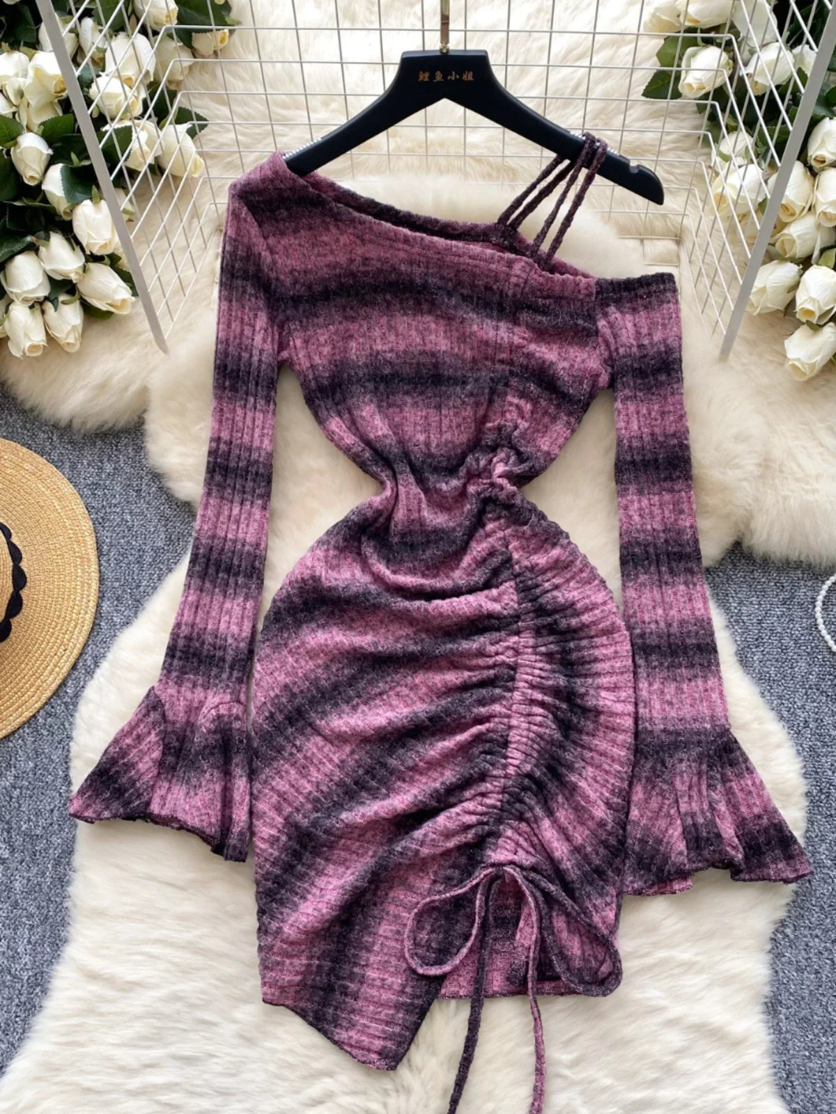 Asymmetric Striped Ruched Knit Dress With Sleeves