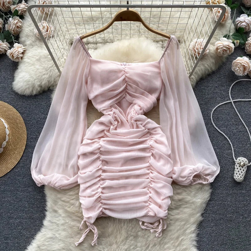 open lace back dress Pink Ruched Detail Long Sleeve Midi Dress S main image 0