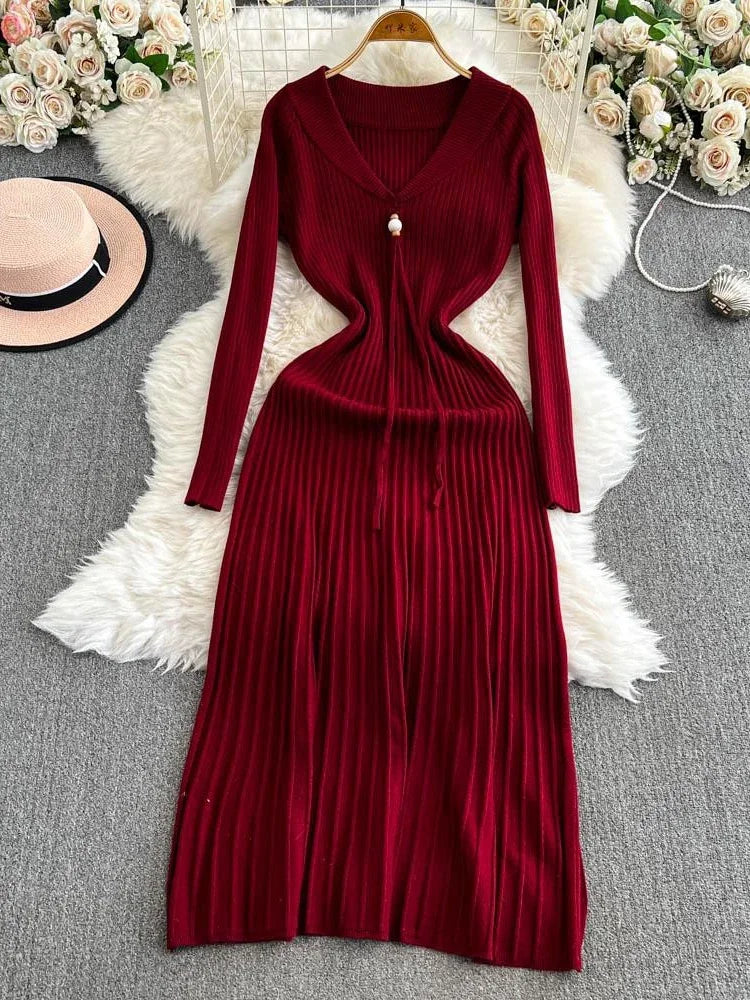 Red Ribbed Knit Dress With Drawstring Waist on Luulla