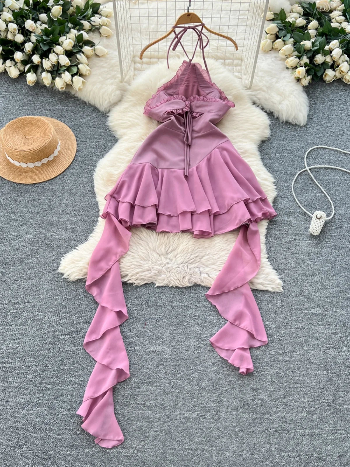 Ruffled Halter Neck Pink Satin Cocktail Dress on Luulla