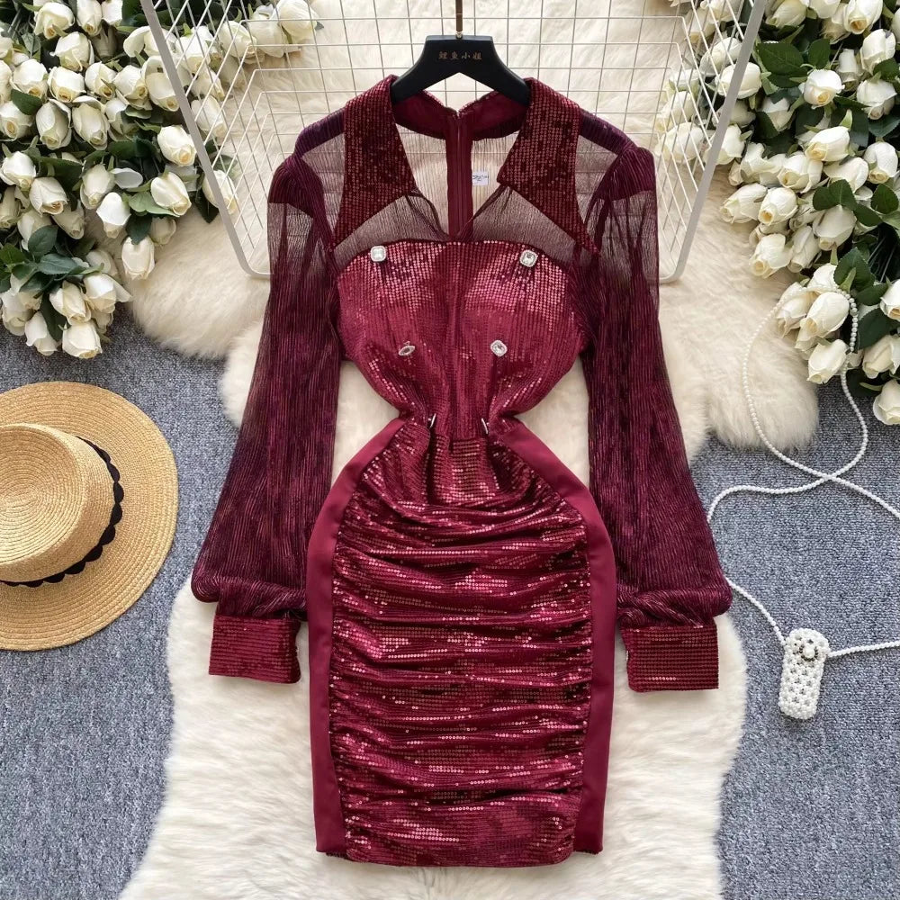 Burgundy Sequin Mesh Bodycon Dress With Buttons