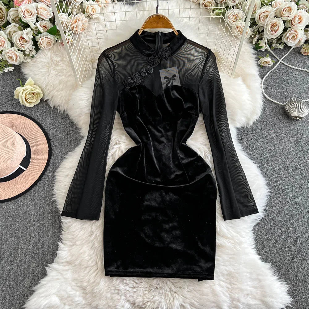 Black Velvet Sheath Dress With Mesh Sleeves