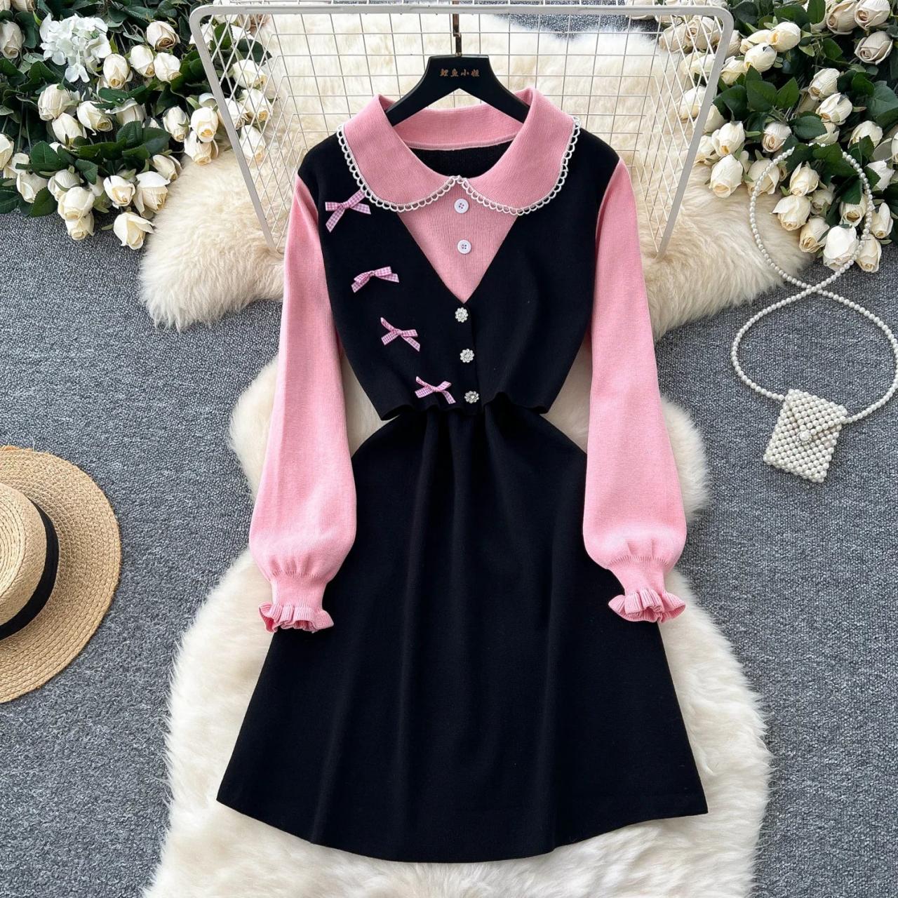 Vintage-Inspired Pink Black Dress with Buttons