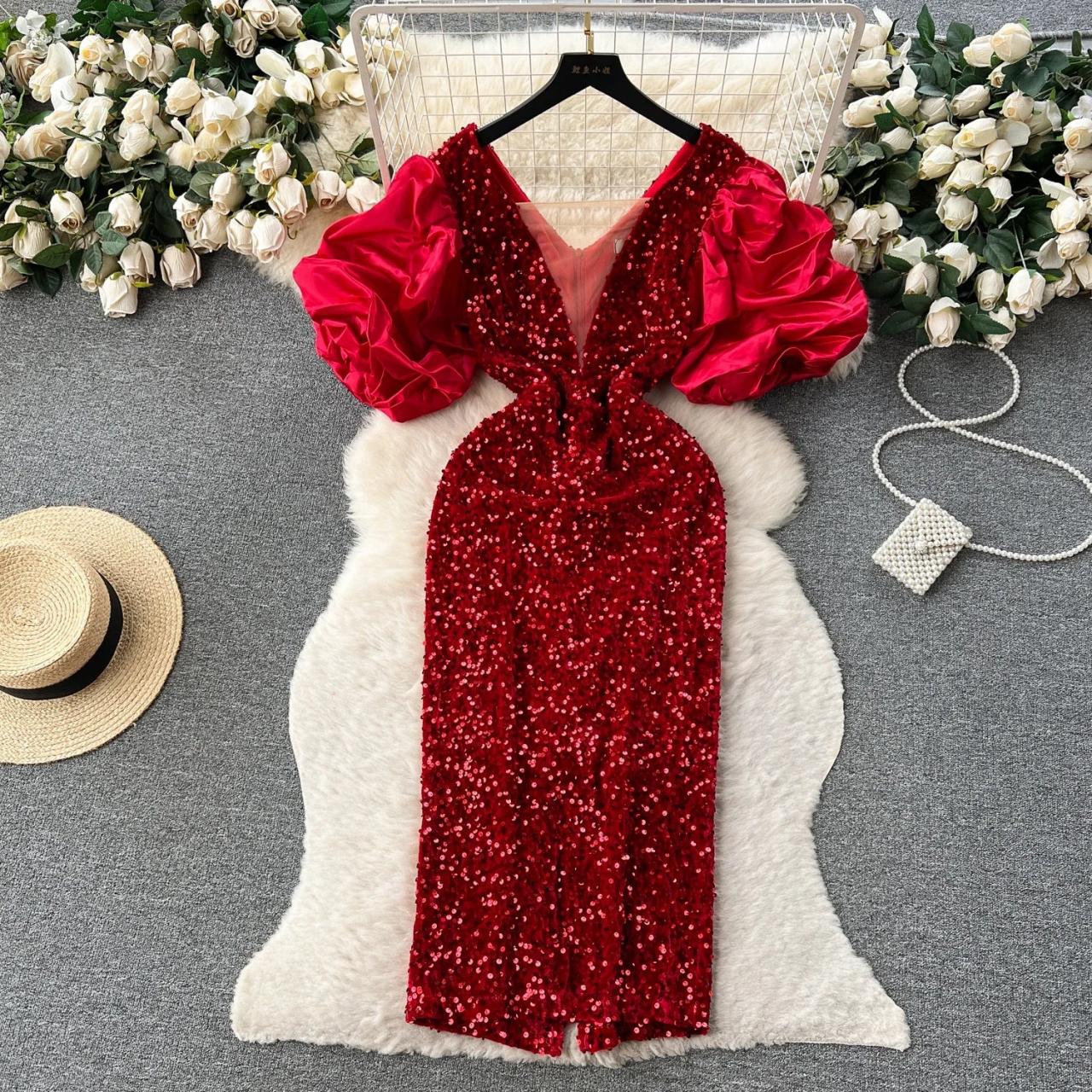 puffy sequin dress Long Sequin Prom Dresses Puffy Sleeves Leg Split