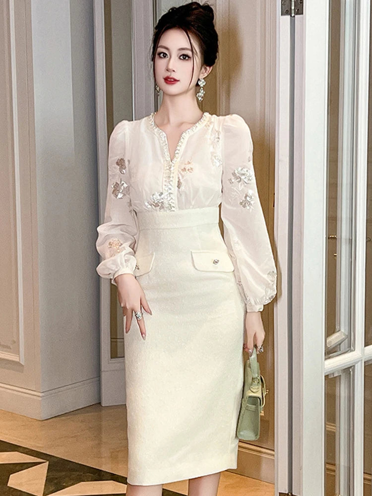 Embroidered Floral Blouse And Pencil Skirt Outfit