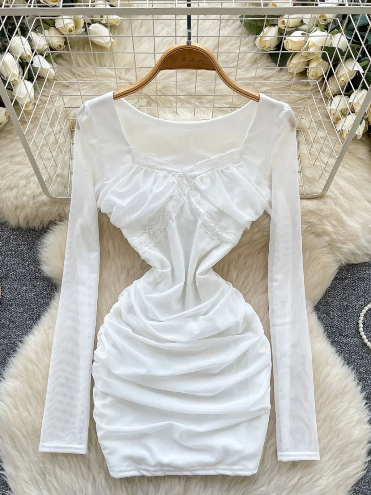 white sheer ruched dress Winifred White Halterneck Ruched Sheer Maxi Dress, L / White