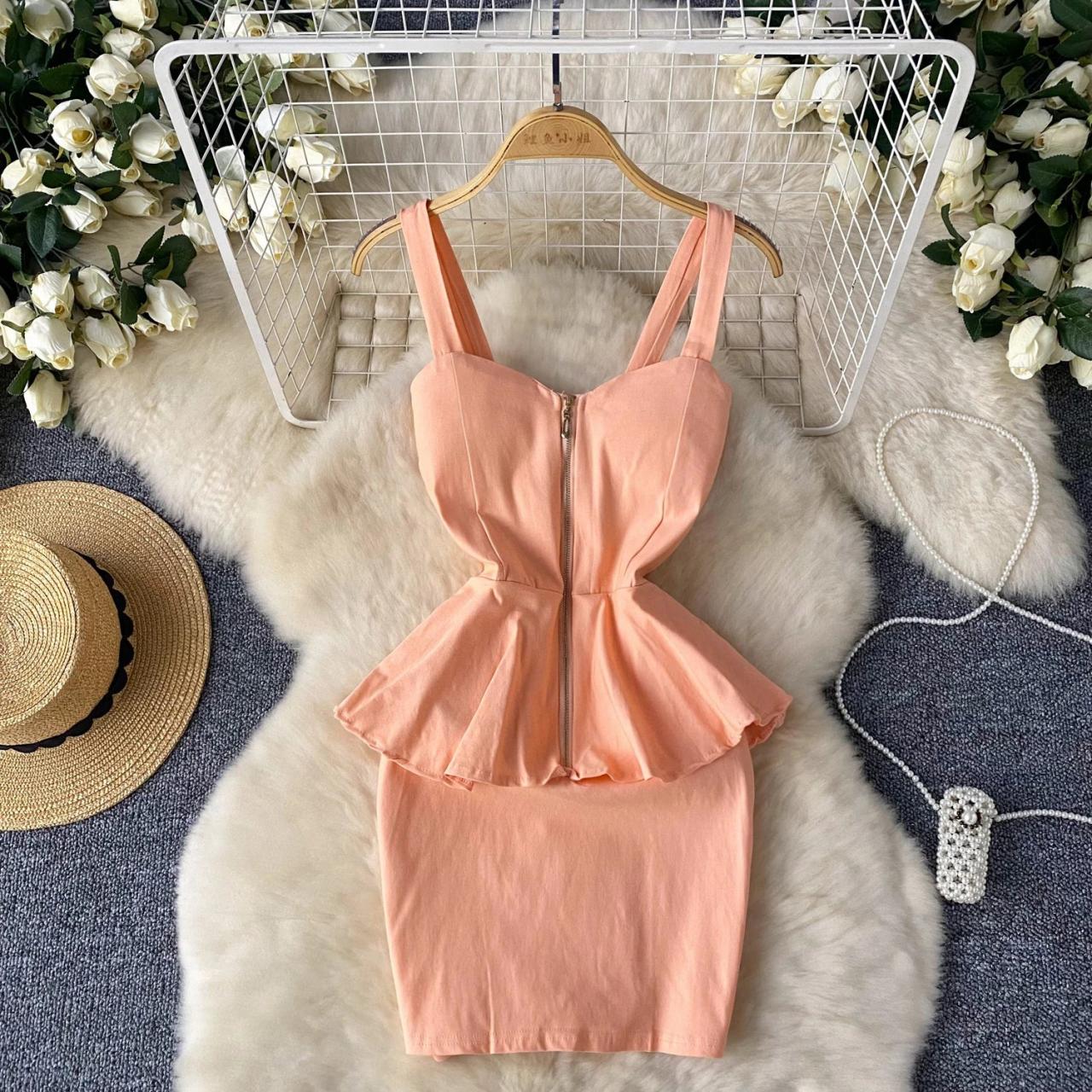 Zip-front Peplum Dress With Adjustable Straps