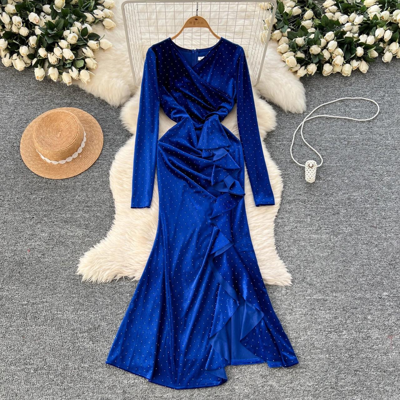 Luxury Blue Velvet Gown With Ruffle Detail on Luulla