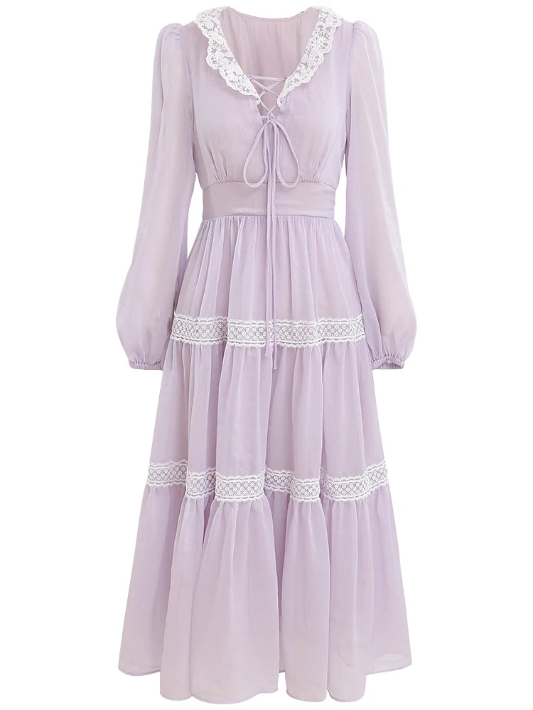 Vintage Lavender Lace-trimmed Long Sleeve Dress on Luulla