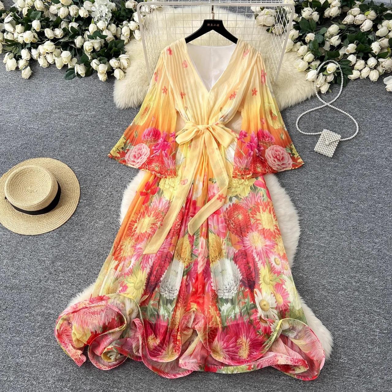 Floral Belted Kimono Dress With Flowy Sleeves