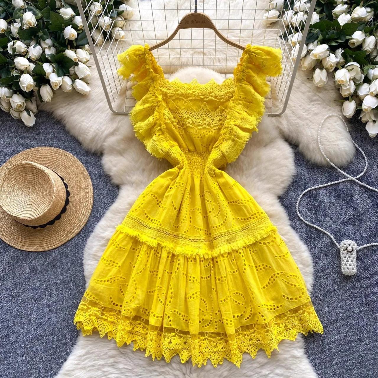 Yellow Ruffle Lace Dress With Floral Detailing