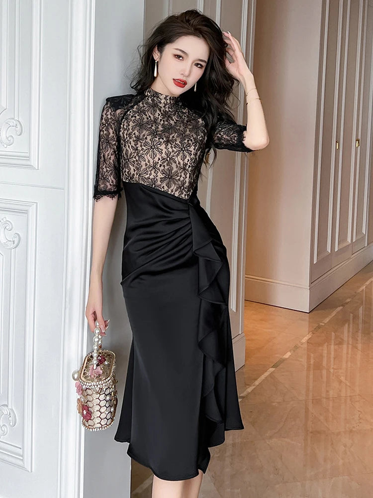 Lace Overlay Black Satin Dress With Ruffles