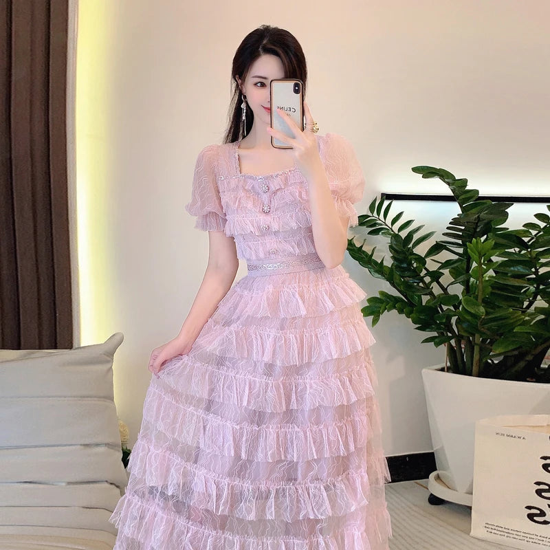 knee length dresses for ladies Pinkblush Light Pink Lace Mesh Overlay Plus Maxi Dress