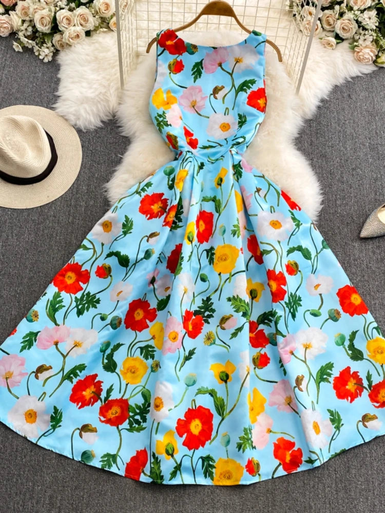 Vibrant Floral Sleeveless Midi Dress, Summer