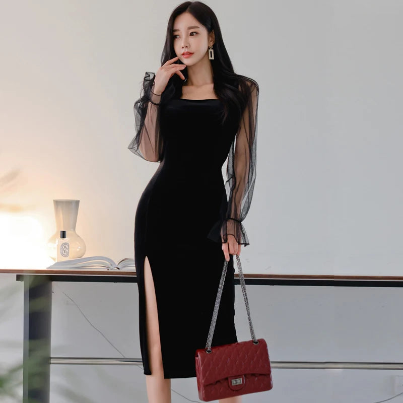 black velvet dress with mesh sleeves Black Velvet Shimmer Dress  Long Sleeve A-line Party Dress With Sheer Mesh  Sleeves