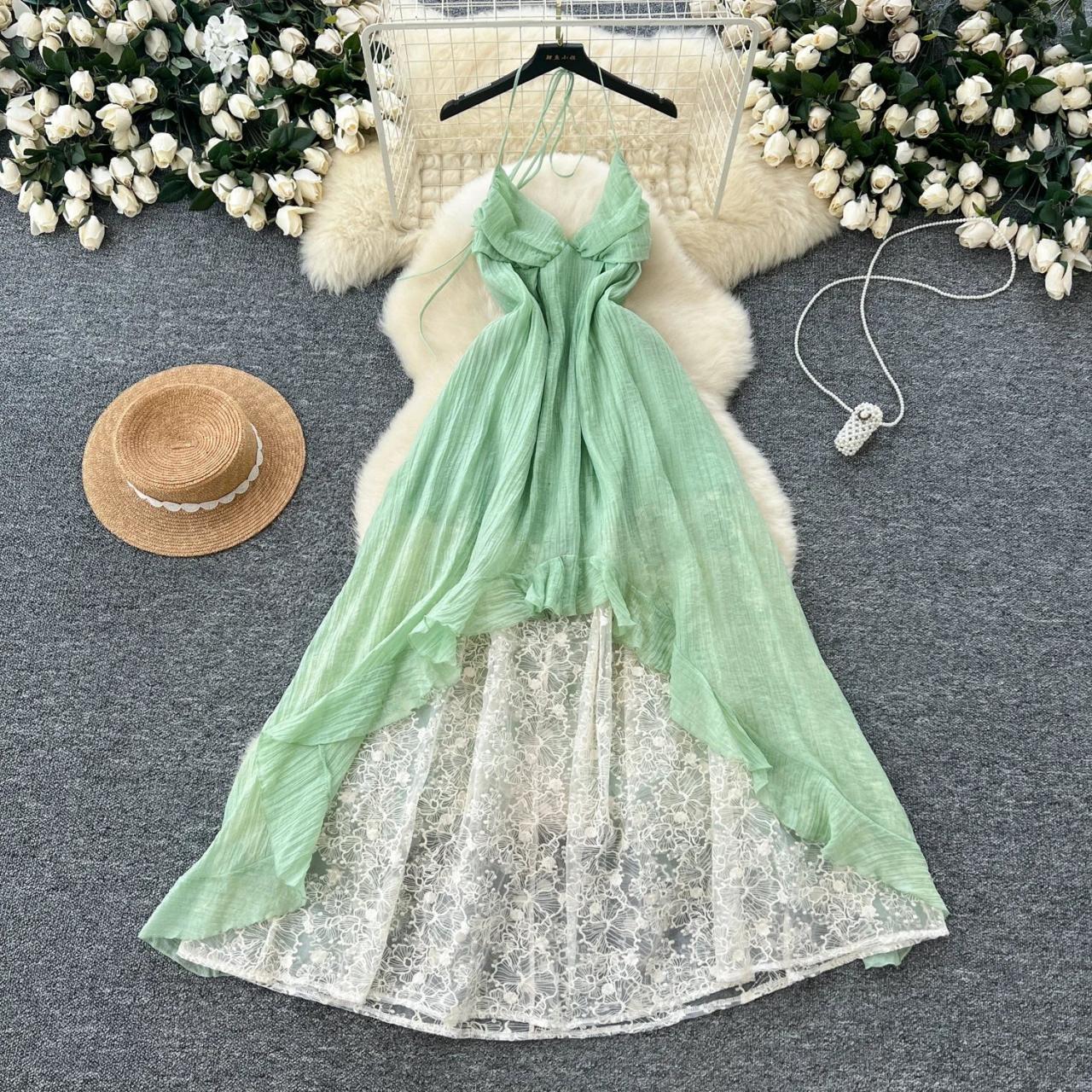 navy blue dress for baby girl Mint Green Essence: Simple Solid Color Casual Loose Summer Dress With  Asymmetric Hemline main image 1