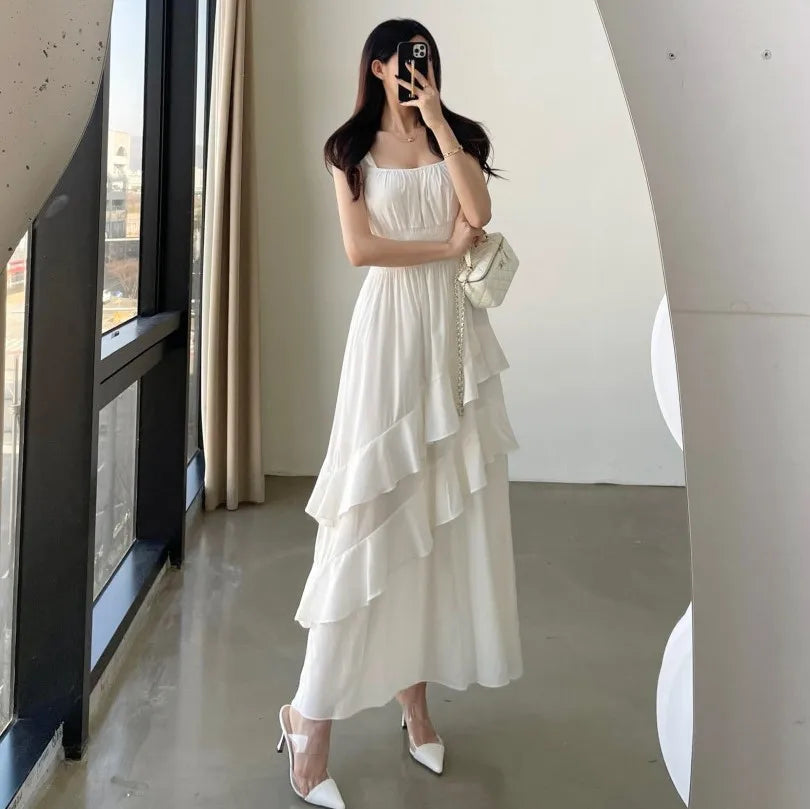 Flowy White Layered Maxi Dress with Straps