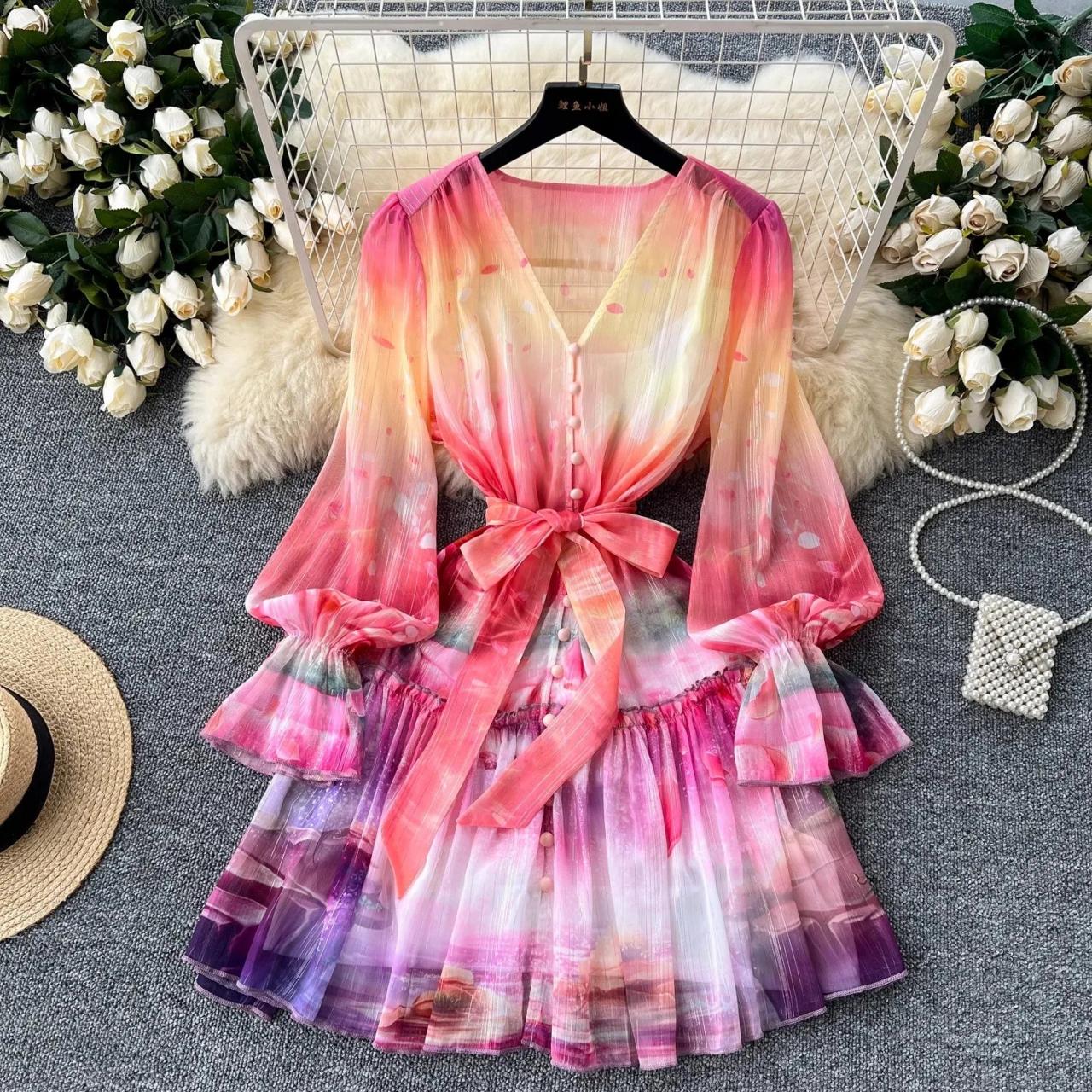 Vibrant Gradient Chiffon Dress With Ruffled Sleeves