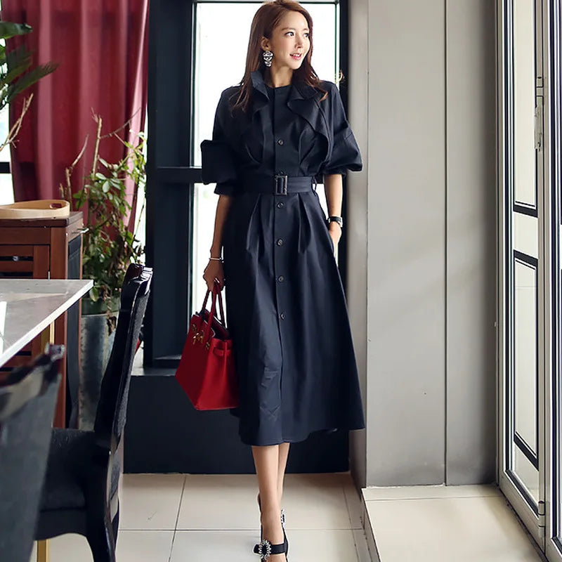 navy blue dress for baby girl Zhyaj Women's Casual Dresses Scoop Neck Short Sleeve Elegant Work Dress  Button Down Empire Waist A-Line Solid Color Tunic Midi Dress Sundress,  Black, S at Amazon Women's Clothing store main image 1