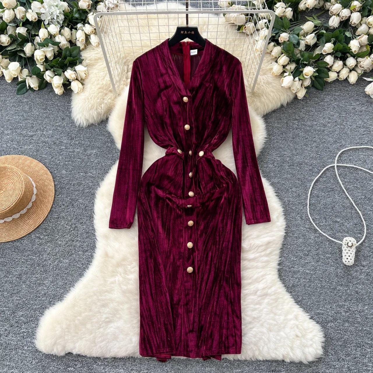 Burgundy Velvet Dress With Gold Button Detailing on Luulla