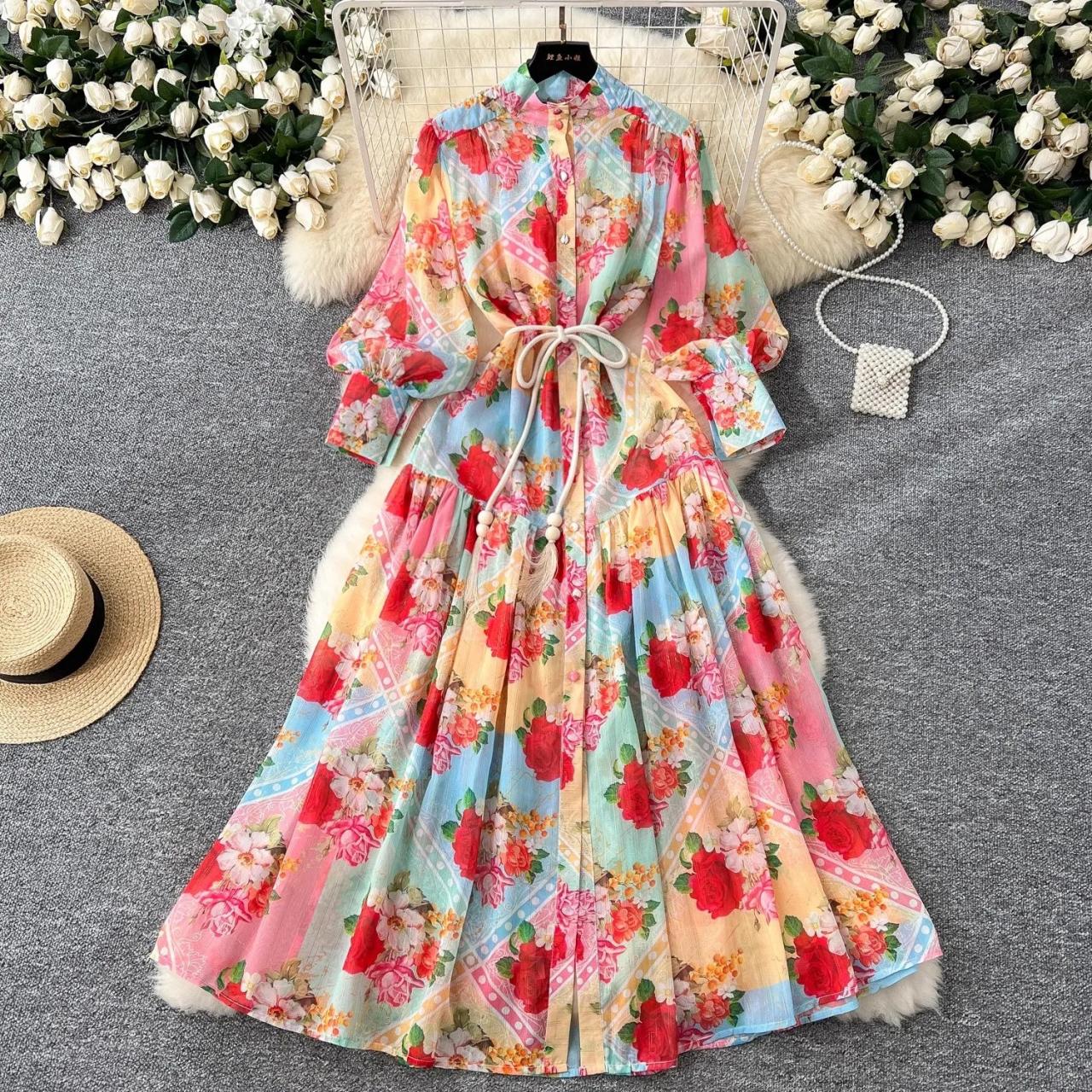 Floral Maxi Dress with Belt and Buttons