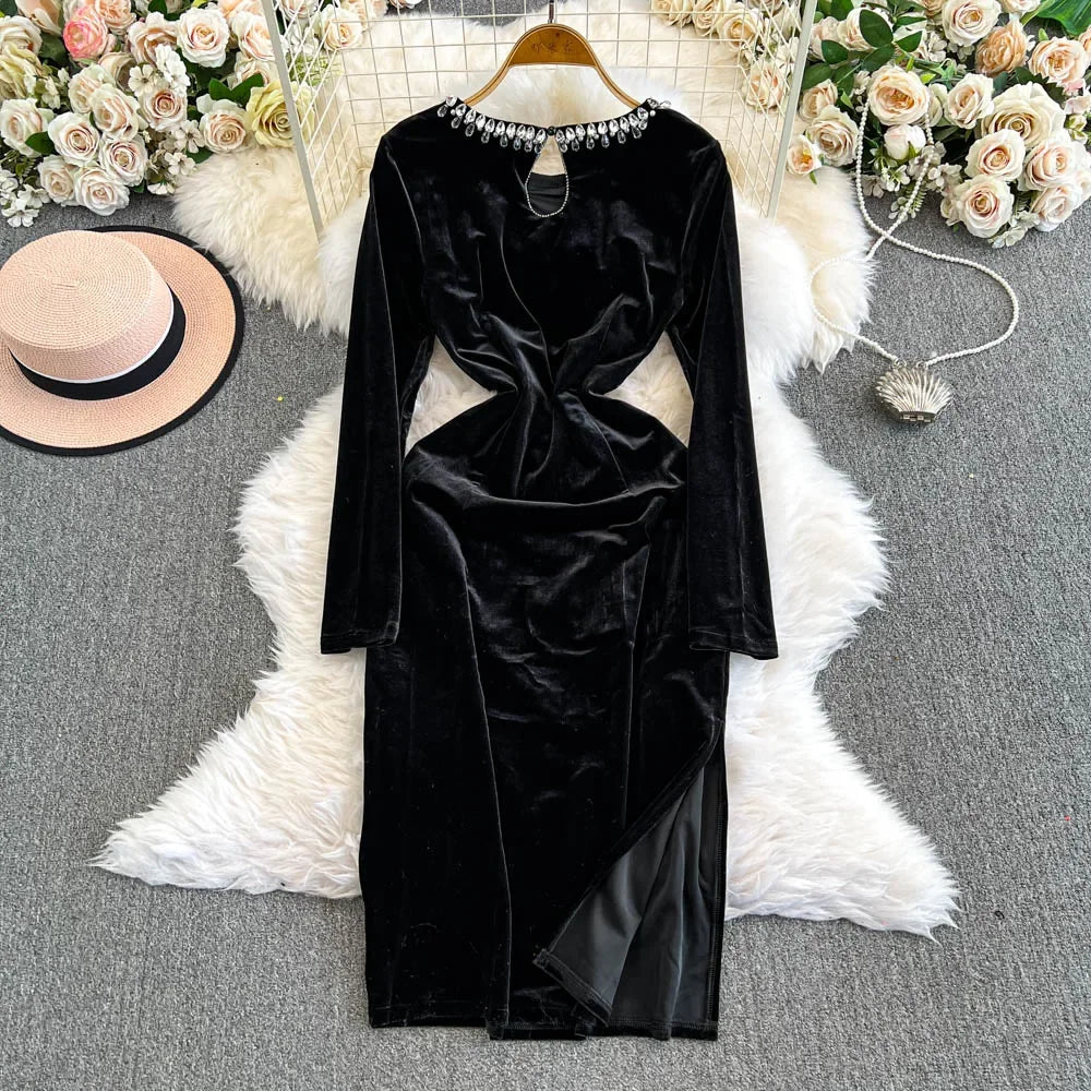 fitted lace wedding dress Sunburst Beaded Jersey Long Sleeve Jewel Neck Column Dress Missy / 16 / Black main image 1