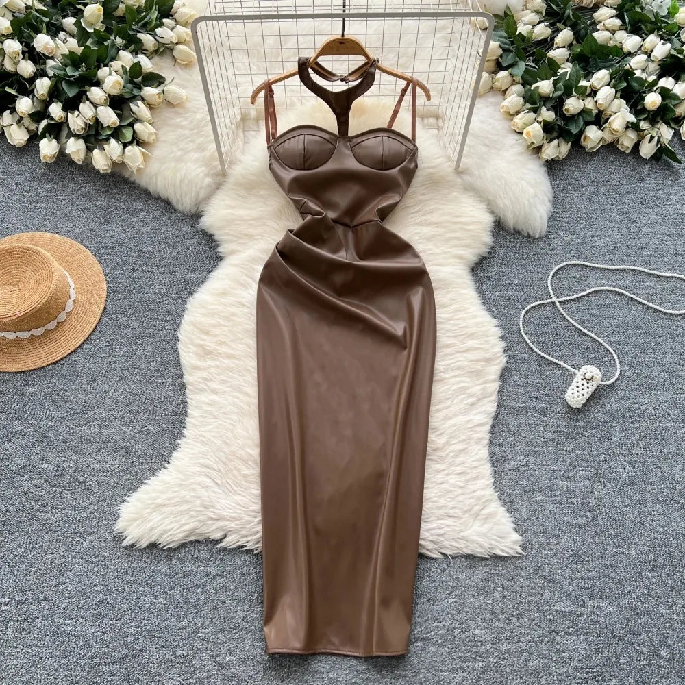 fitted lace wedding dress Faux Leather Halter Mini Dress Ash Brown / Xs main image 1