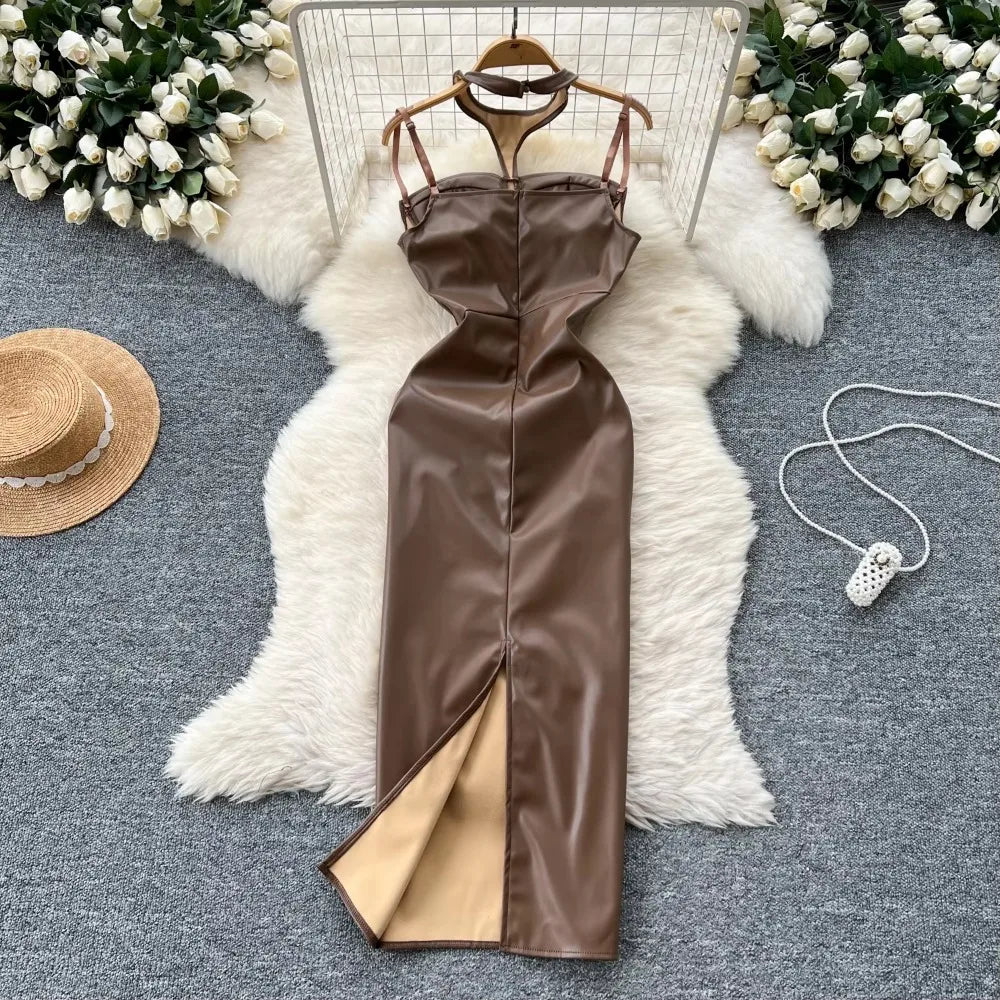 faux leather halter neck dress MISSGUIDED Faux Leather Halter Neck Midaxi Dress With Back SlitMISSGUIDED