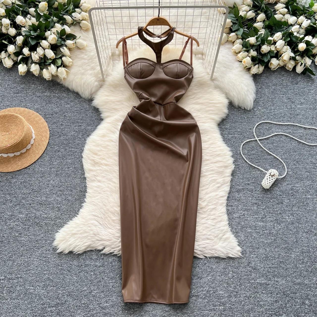 Halter Neck Faux Leather Evening Gown Dress on Luulla