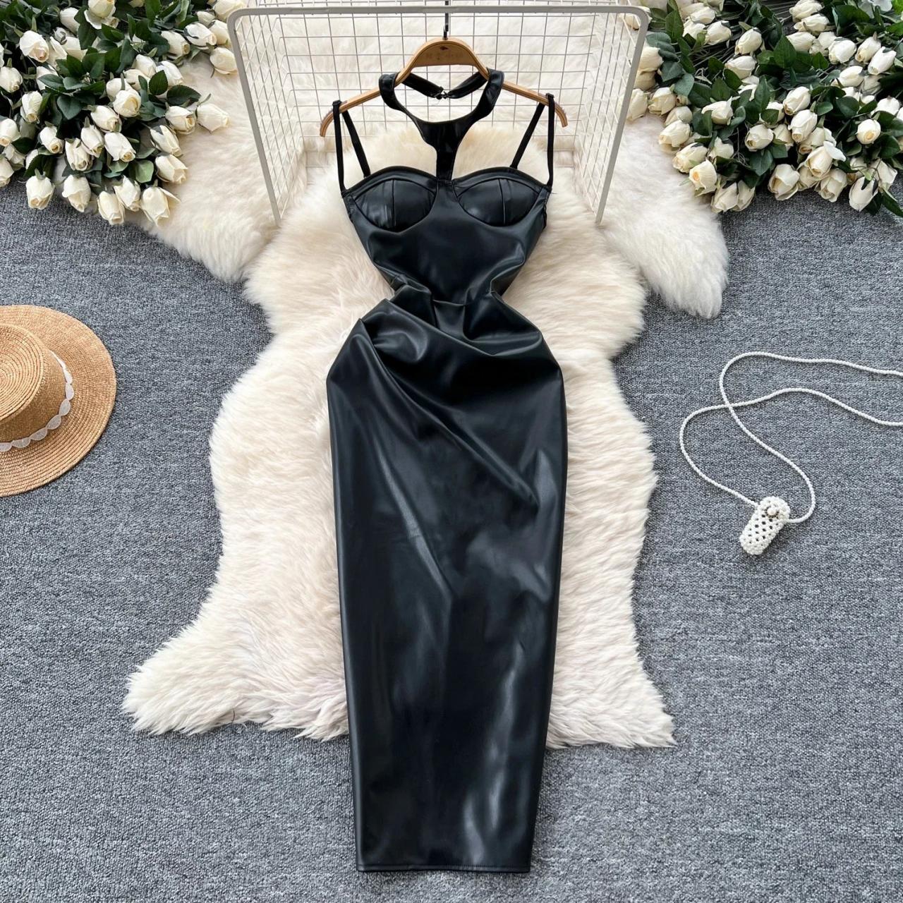 faux leather halter neck dress Faux leather Halter Neckline mini dress Black / M
