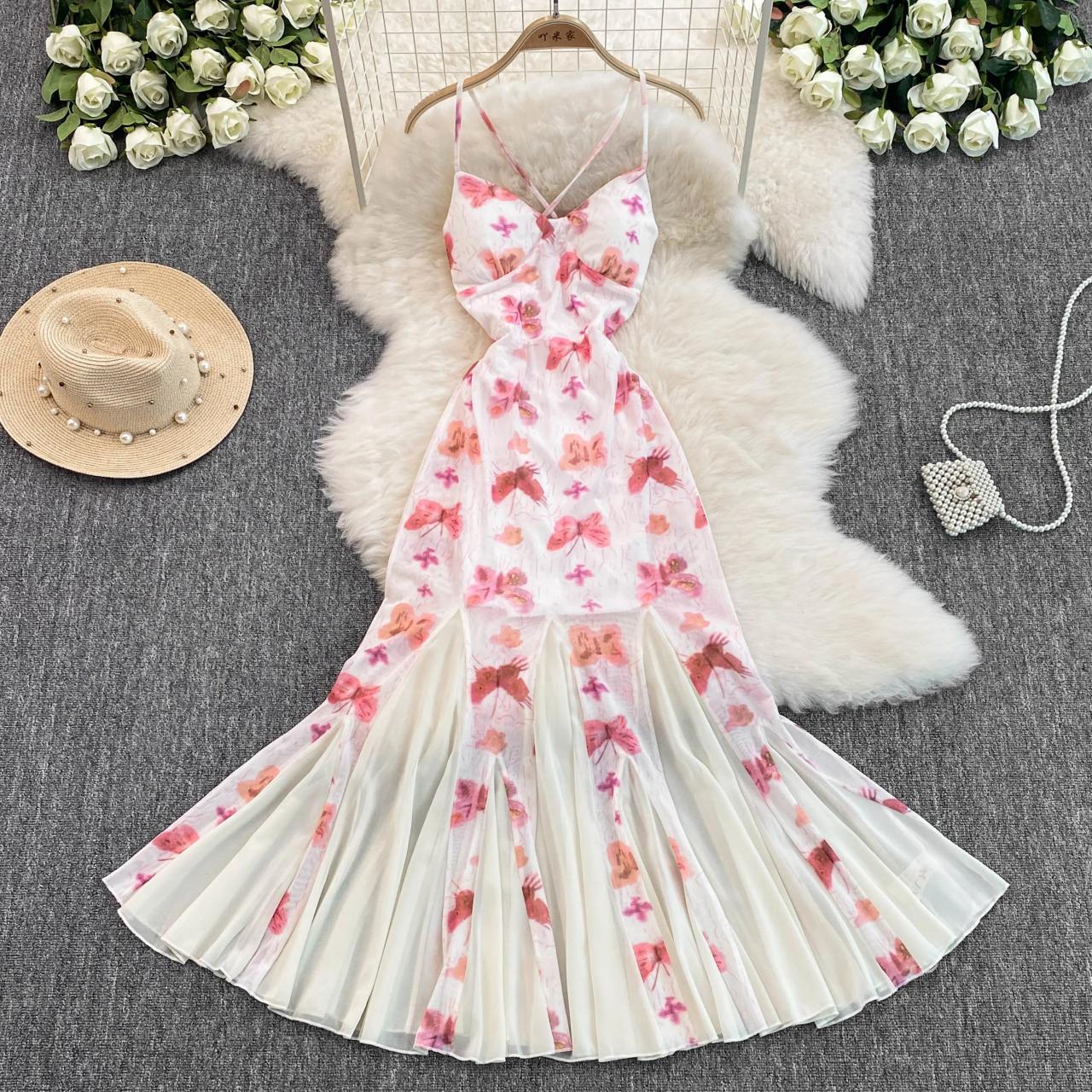 Floral Strappy Dress With Flowy Pleated Hem