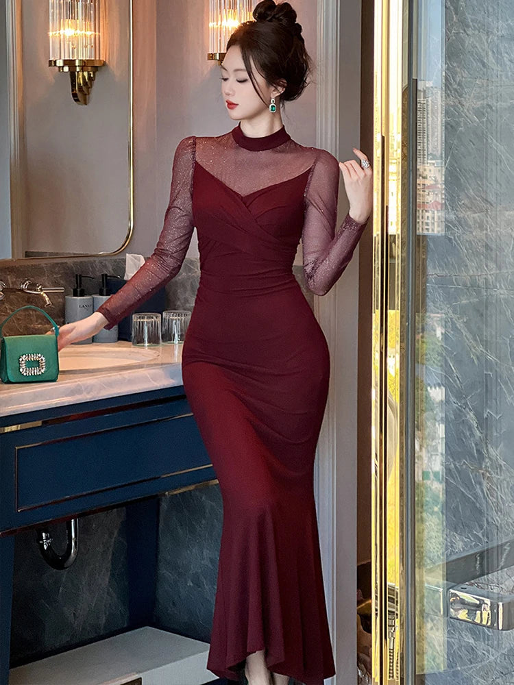 burgundy dress and gold shoes Burgundy Beaded Long Prom Dresses Sheer Back Polka Dot Ball Gown ARD2095 main image 1