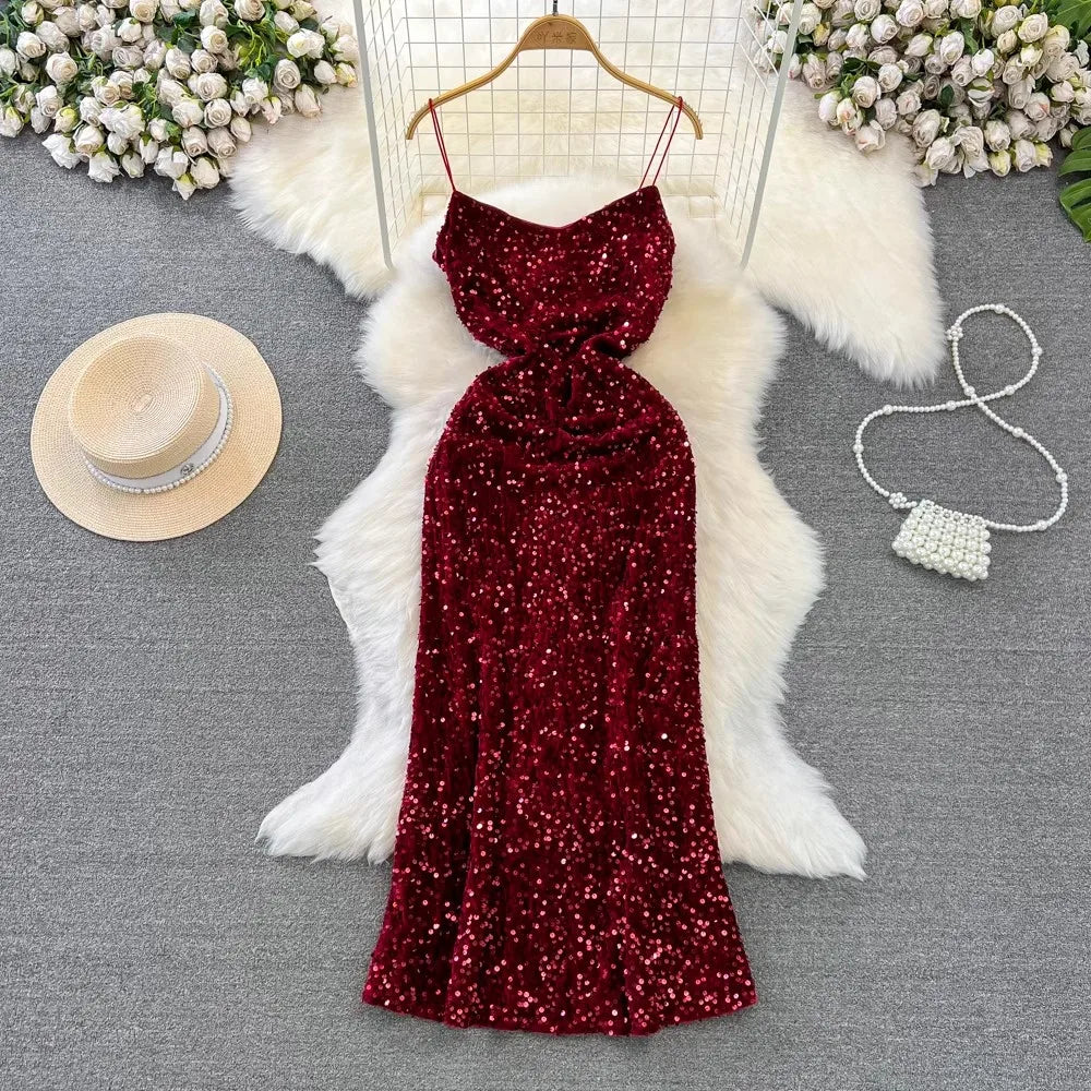 knee length dresses for ladies Red Sequin Plunge V Backless Mermaid Maxi Dress with Slit – Modsele