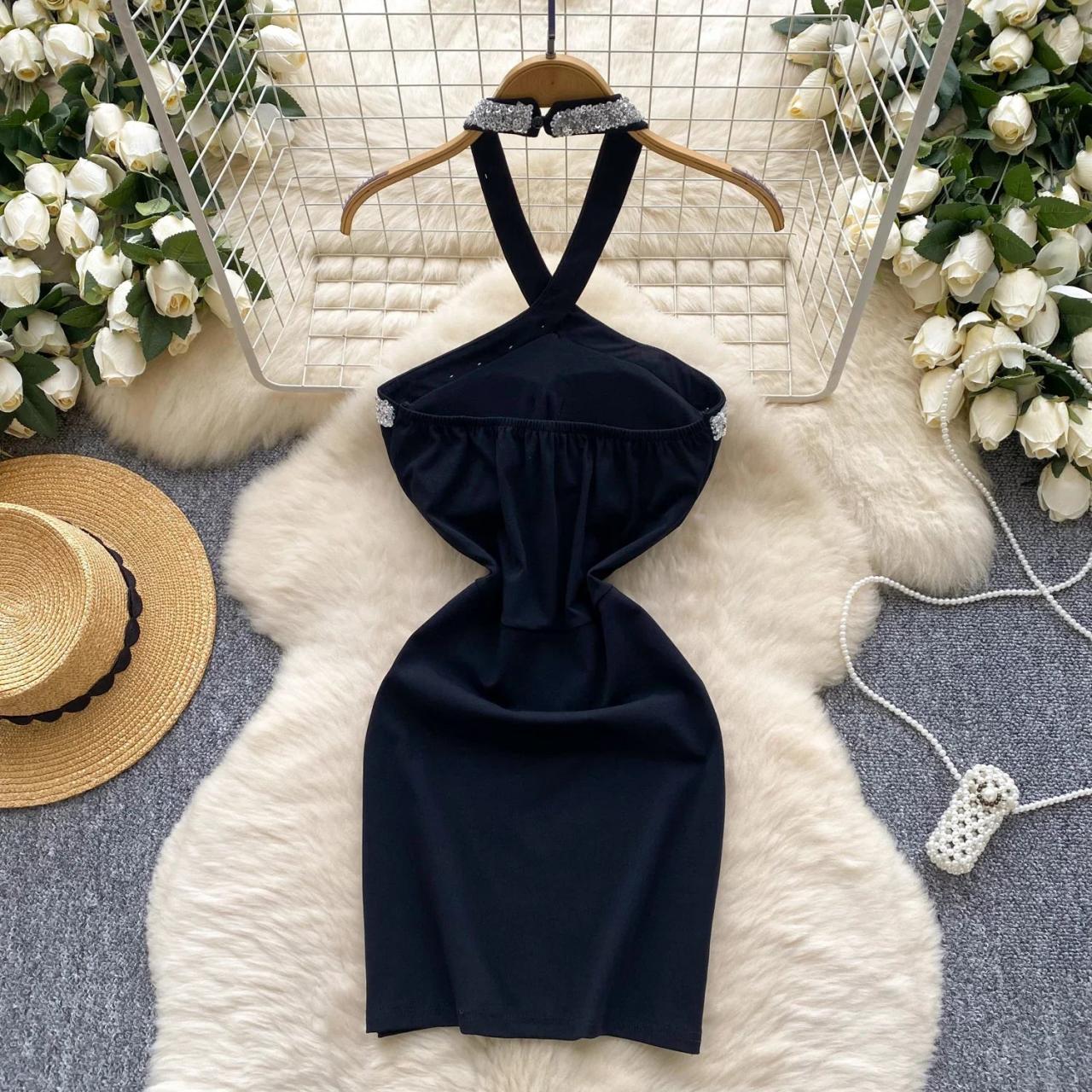 Sequin Halter Bodycon Dress With Crisscross Design