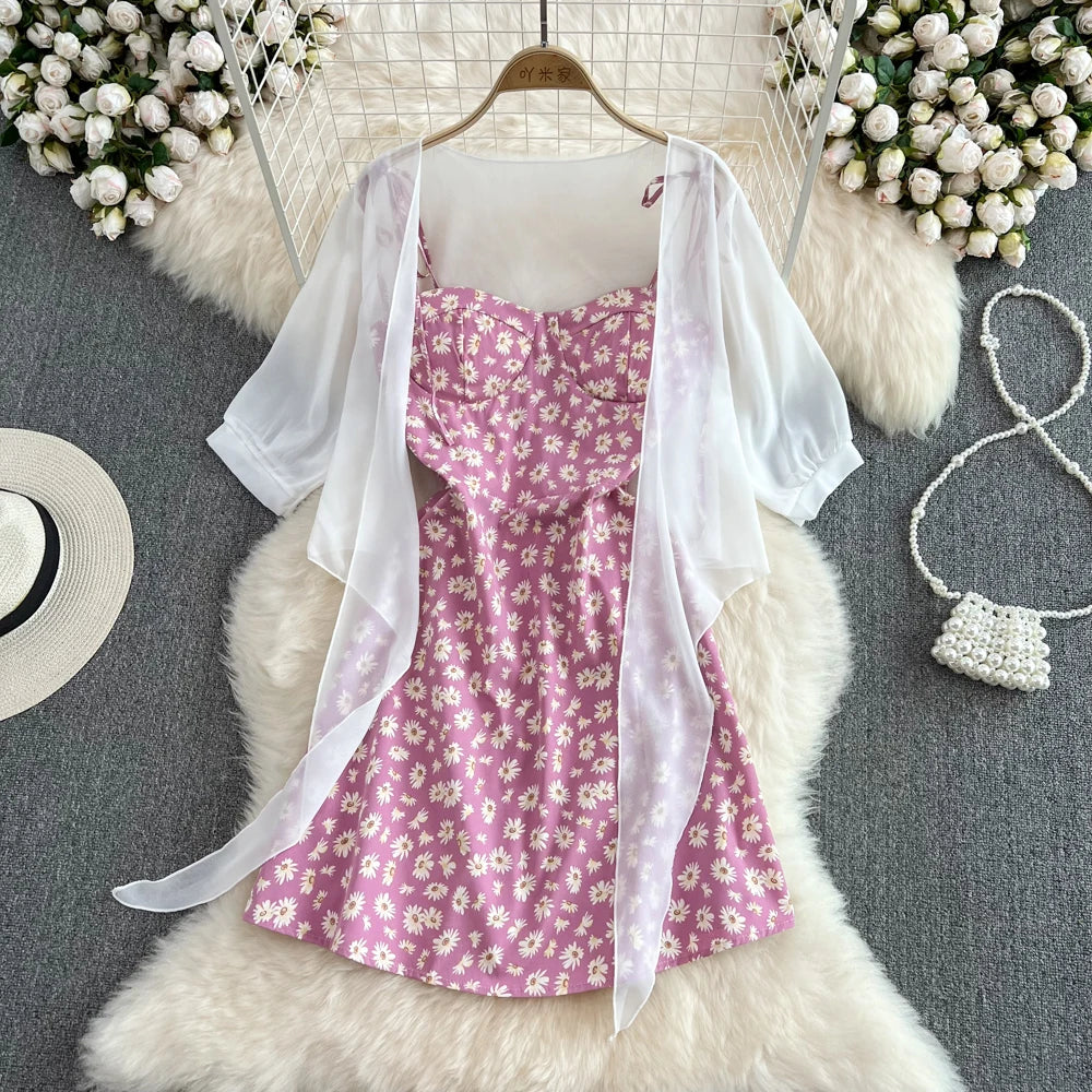 Floral Pink Dress With Sheer White Cardigan on Luulla